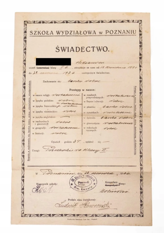 ŚWIADECTWO - SZKOŁA WYDZIAŁOWA, POZNAŃ ŁAZARZ 1926