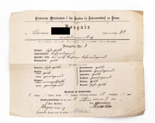 ŚWIADECTWO PIERWSZA SZKOŁA OBYWATELSKA MĘSKA, POZNAŃ 1918