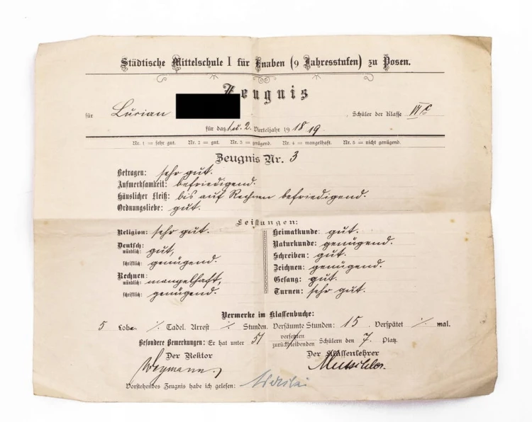 ŚWIADECTWO PIERWSZA SZKOŁA OBYWATELSKA MĘSKA, POZNAŃ 1918