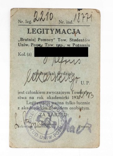 LEGITYMACJA BRATNIEJ POMOCY TOW. STUDENTÓW UNIW. POZNAŃ 1932
