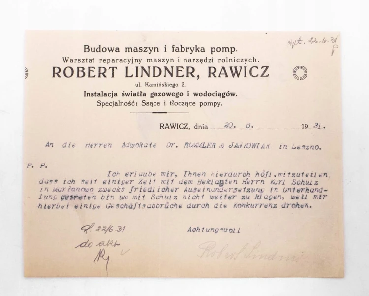 STARE PISMO - R. LINDNER, BUDOWA MASZYN I FABRYKA POMP, RAWICZ 1931
