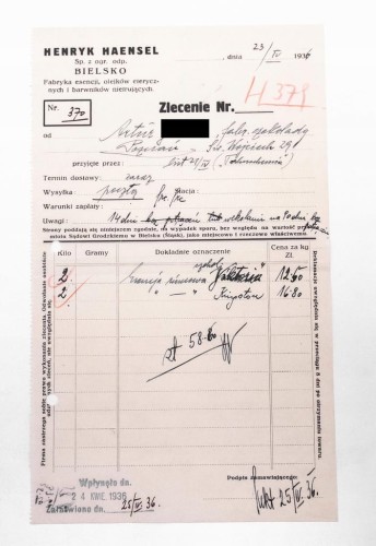 STARY RACHUNEK - H. HAENSEL FABRYKA ESENCJI OLEJKÓW BARWNIKÓW, BIELSKO 1936
