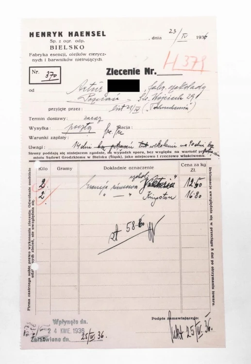 STARY RACHUNEK - H. HAENSEL FABRYKA ESENCJI OLEJKÓW BARWNIKÓW, BIELSKO 1936