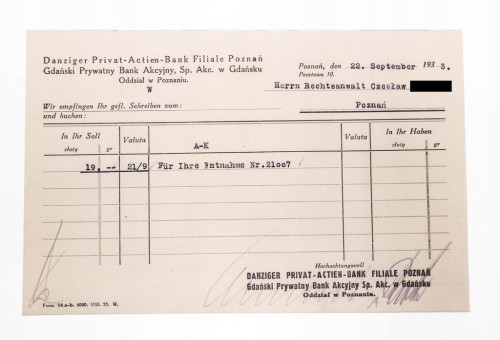 STARY RACHUNEK - GDAŃSKI PRYWATNY BANK AKCYJNY, GDAŃSK / POZNAŃ 1933