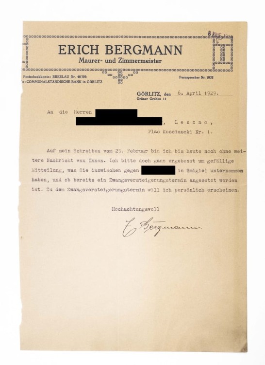 STARE PISMO - MURARZ STOLARZ E. BERGMANN, ZGORZELEC / ŚMIGIEL / LESZNO 1929