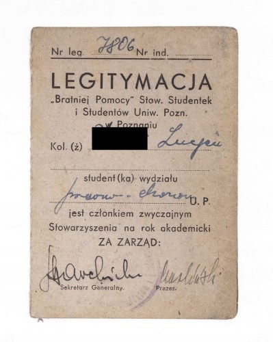 LEGITYMACJA BRATNIEJ POMOCY STOW. STUDENTÓW UNIW. POZNAŃ II RP