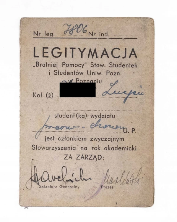 LEGITYMACJA BRATNIEJ POMOCY STOW. STUDENTÓW UNIW. POZNAŃ II RP