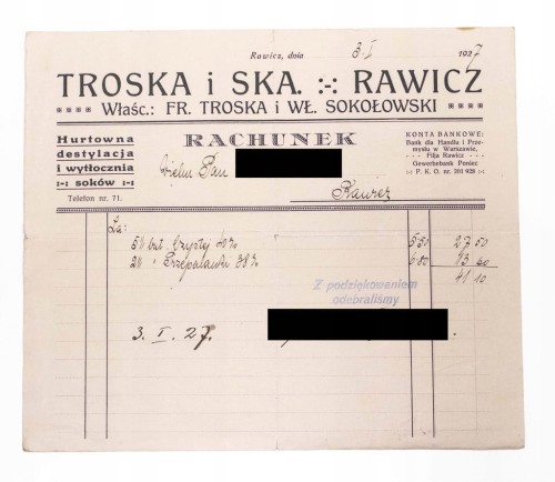 STARY RACHUNEK - HURTOWANIA SOKÓW, TROSKA I SKA. RAWICZ 1927