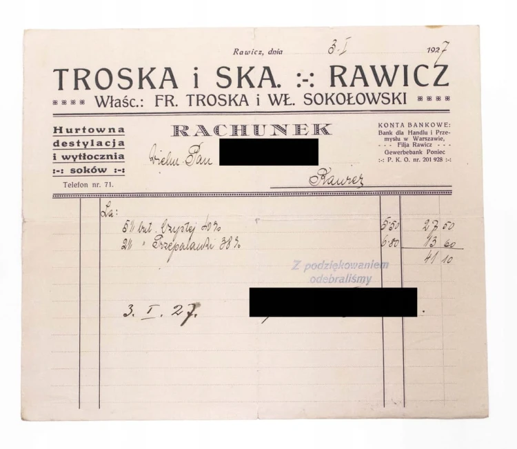 STARY RACHUNEK - HURTOWANIA SOKÓW, TROSKA I SKA. RAWICZ 1927