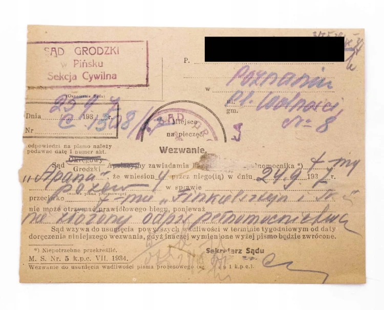 STARE PISMO - WEZWANIE SĄDOWE, SĄD GRODZKI, PIŃSK 1934