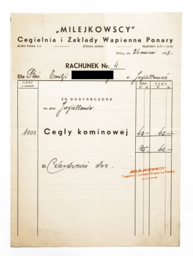 RACHUNEK - MILEJKOWSCY, CEGIELNIA I ZAKŁADY WAPIENNE PONARY, WILNO 1938