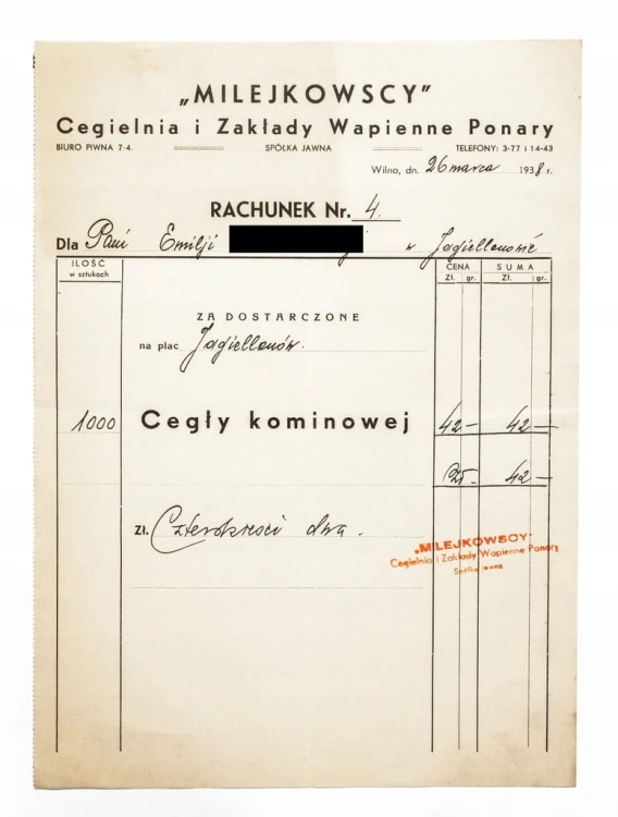 RACHUNEK - MILEJKOWSCY, CEGIELNIA I ZAKŁADY WAPIENNE PONARY, WILNO 1938