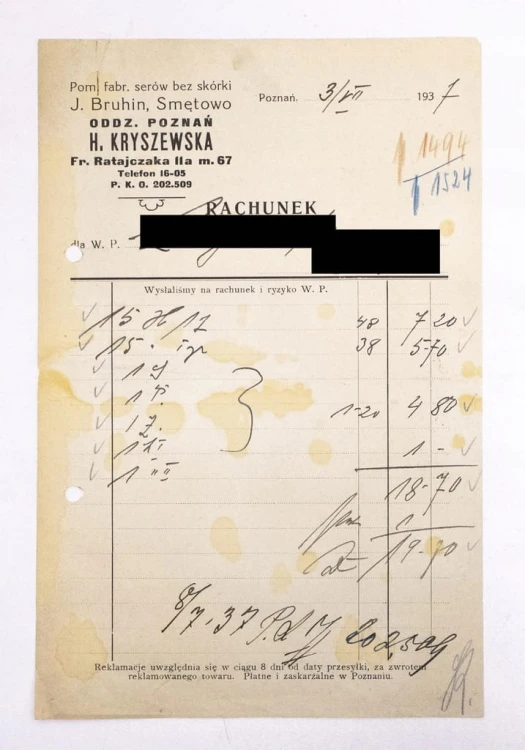 RACHUNEK - J. BRUHIN, FABRYKA SERÓW BEZ SKÓRKI, SMĘTOWO / POZNAŃ 1937