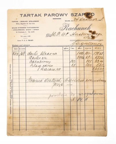 RACHUNEK - TARTAK PAROWY SZAPIRO, WILNO 1938