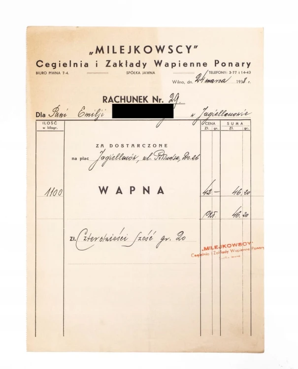 RACHUNEK - MILEJKOWSCY, CEGIELNIA I ZAKŁADY WAPIENNE PONARY, WILNO 1938