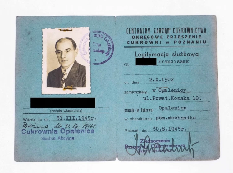 LEGITYMACJA SŁUŻBOWA - CUKROWNIA, OPALENICA 1945