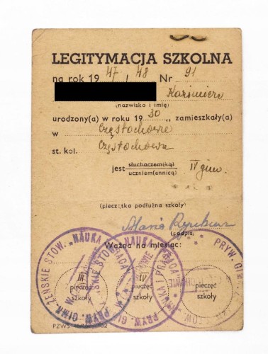 LEGITYMACJA SZKOLNA - PRYWATNE GIM. ŻEŃSKIE NAUKA I PRACA, CZĘSTOCHOWA 1947