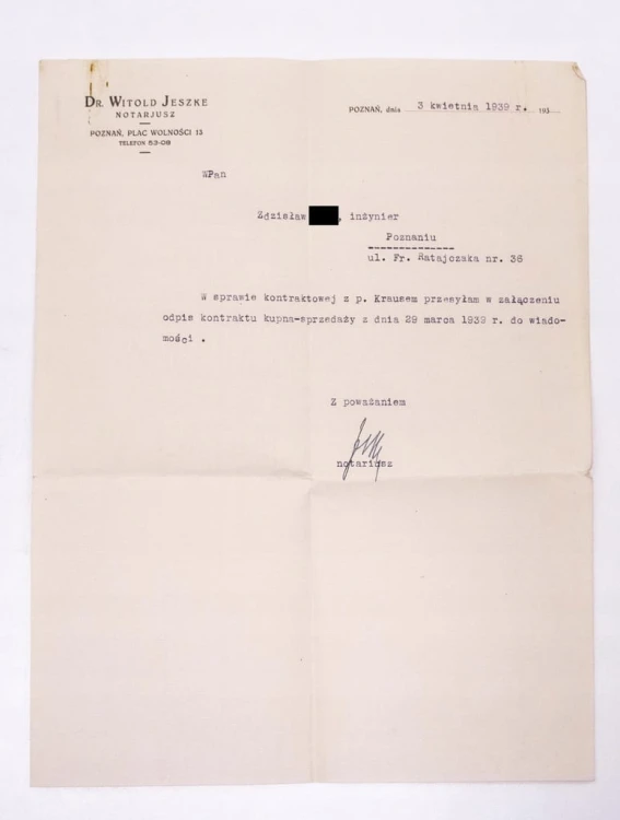 STARE PISMO - NOTARIUSZ WITOLD JESZKE, POZNAŃ 1939