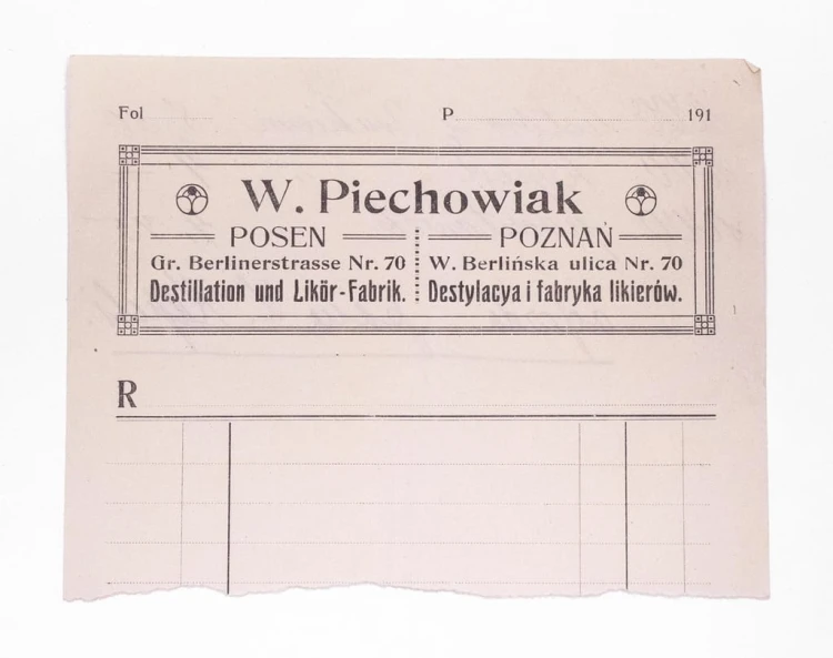 STARY RACHUNEK - W. PIECHOWIAK, DESTYLACJA I FABRYKA LIKIERÓW, POZNAŃ 191?