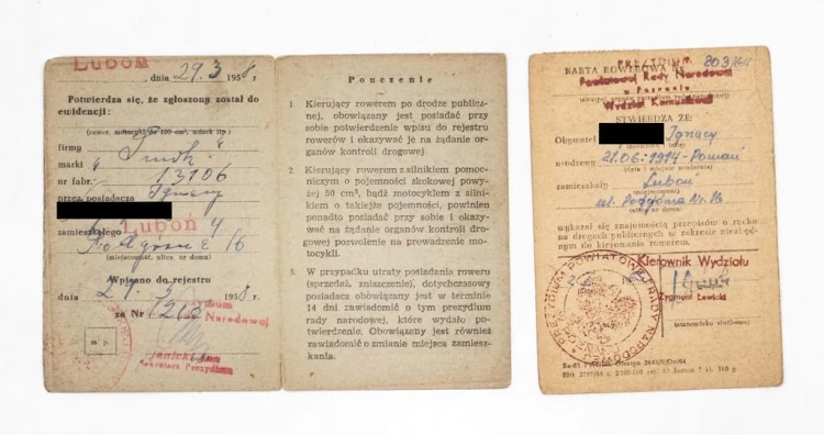 KARTA ROWEROWA + WPIS ROWERU DO REJESTRU, LUBOŃ 1958