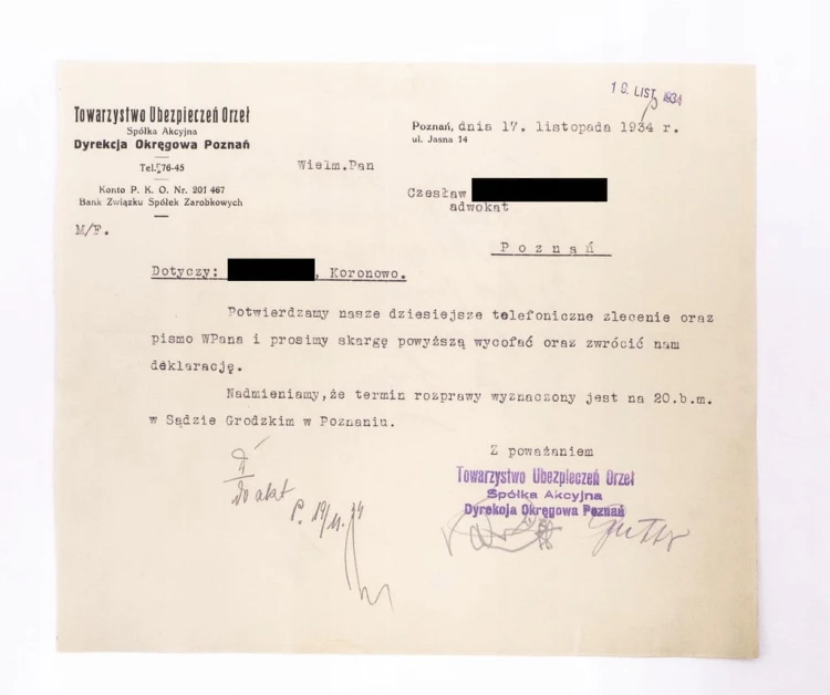 STARE PISMO - TOWARZYSTWO UBEZPIECZEŃ ORZEŁ, POZNAŃ / KORONOWO 1934