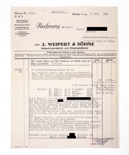 STARY RACHUNEK - FABRYKA MASZYN WEIPERT & SOHNE, WROCŁAW / KAROLINÓW 1930