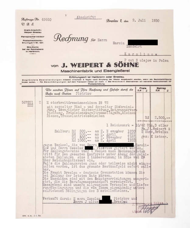 STARY RACHUNEK - FABRYKA MASZYN WEIPERT & SOHNE, WROCŁAW / KAROLINÓW 1930