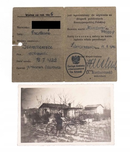 KARTA ROWEROWA + FOTOGRAFIA, SIEROSZEWICE 1946