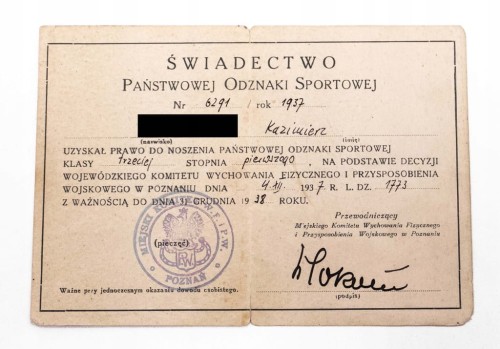 ŚWIADECTWO PAŃSTWOWEJ ODZNAKI SPORTOWEJ, POZNAŃ 1937