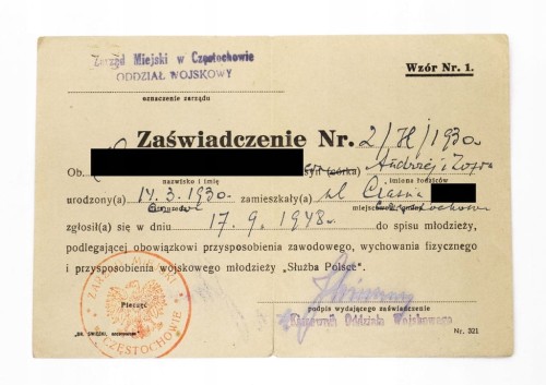 ZAŚWIADCZENIE PRZYSPOSOBIENIA ZAWODOWEGO I WOJSKOWEGO, CZĘSTOCHOWA 1930